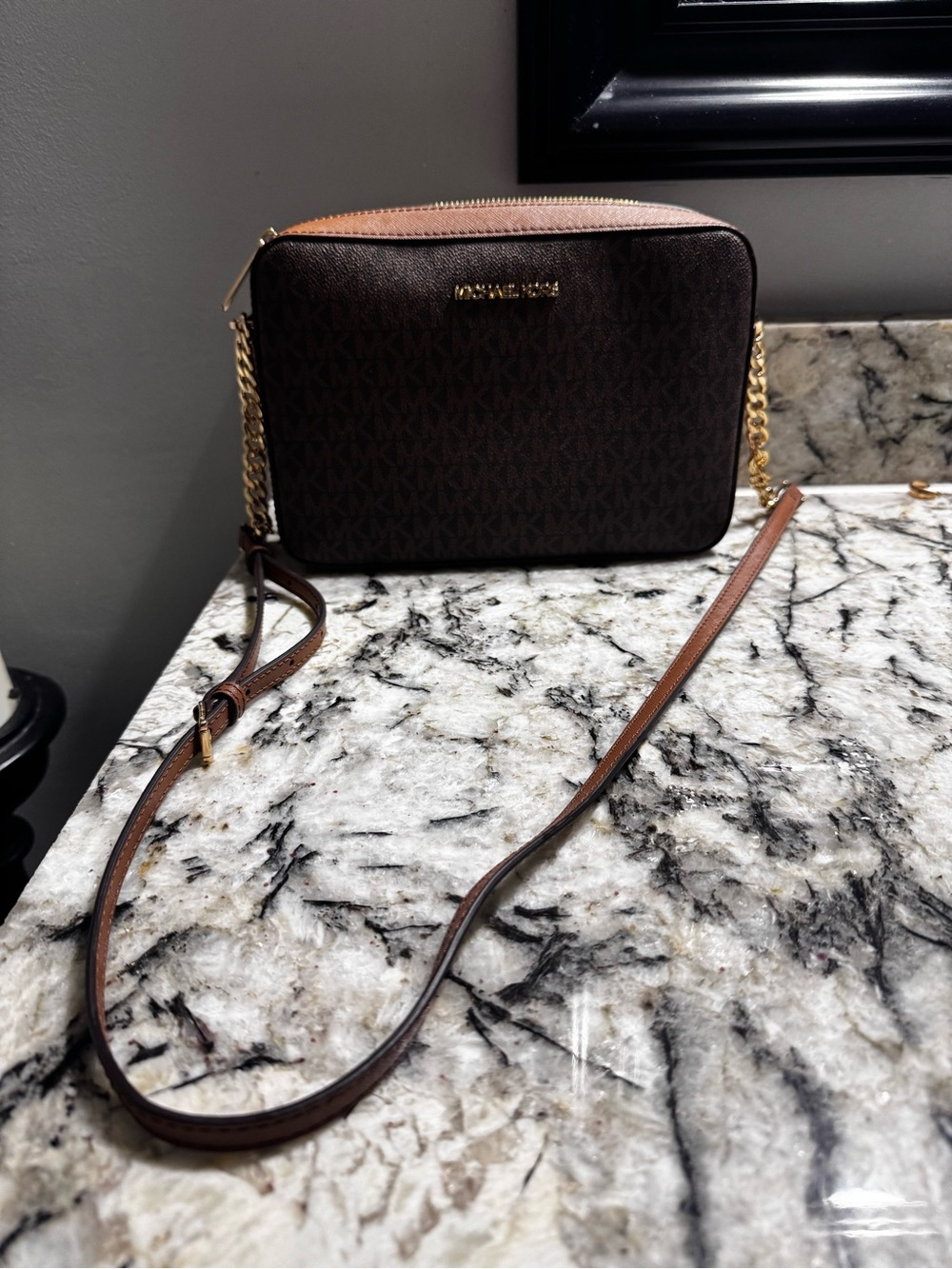 Michael Kors Dark Brown and Tan Logo Crossbody Bag
